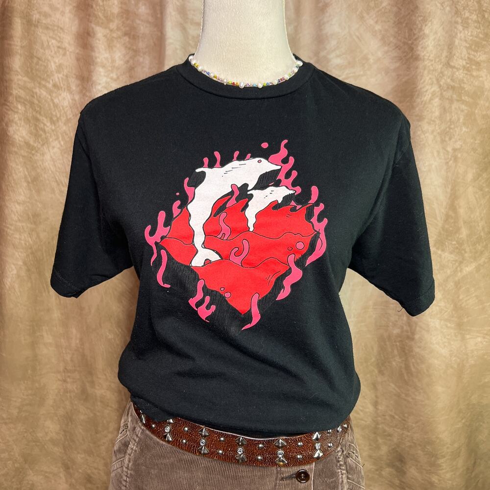Pink + Dolphin Short Sleeve Black T Shirt Abstract Flame Heart Graphic Skater